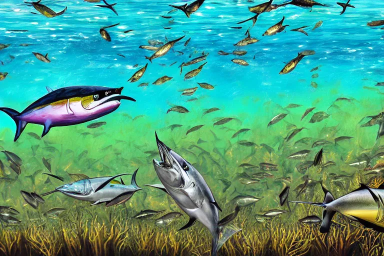 Image similar to An underwater painting of a yellow-fin tuna chasing bait fish near a mat of weeds, inspired by Guy Harvey, Sport Fishermen, digital art, insanely detailed, hyper detailed photorealistic, ambient lighting, award winning, stunning