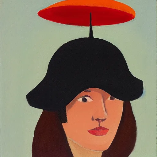 Image similar to young woman with hat, by Alex Katz, colorful, oil on canvas