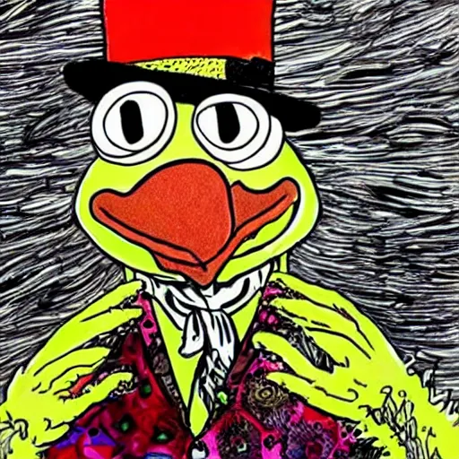 Image similar to the muppets drawn by ralph steadman fear and loathing in las vegas style