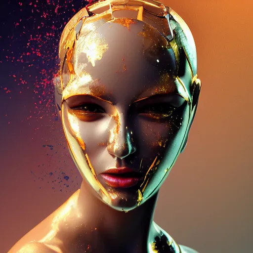 Image similar to portrait of an evil beautiful woman, marble skin, golden helmet, golden splatters, high - tech, cyberpunk, by kim jung gi, irakli nadar, intricate linework, bright colors, octane render,