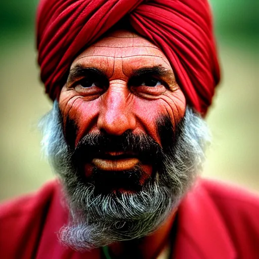 Image similar to portrait of president ronald reagan as afghan man, green eyes and red turban looking intently, photograph by steve mccurry, award winning photo in the national geographic