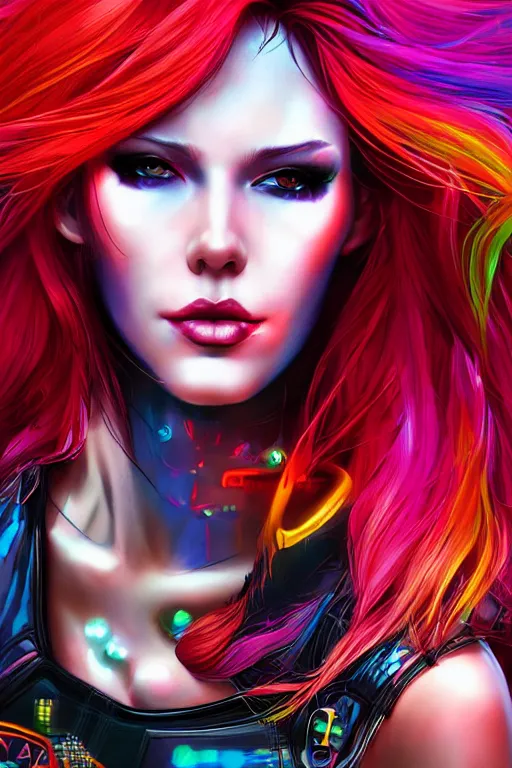 Prompt: beautiful portrait of a cyberpunk woman with red punk hair painted by artgerm and lisa frank, trending on artstation