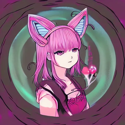 Image similar to digital card art of anime (cat) girl with cat ears surrounded by magic circles. Short hair. Pink hue. Highly detailed. Beautiful