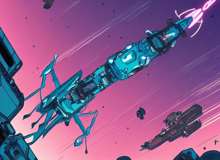 Image similar to futuristic fusion mech rocket flying in space by laurie greasley, spiraling celestial gases tiny glowing neon bioluminescent specks turbulent clouds sky, artstaion