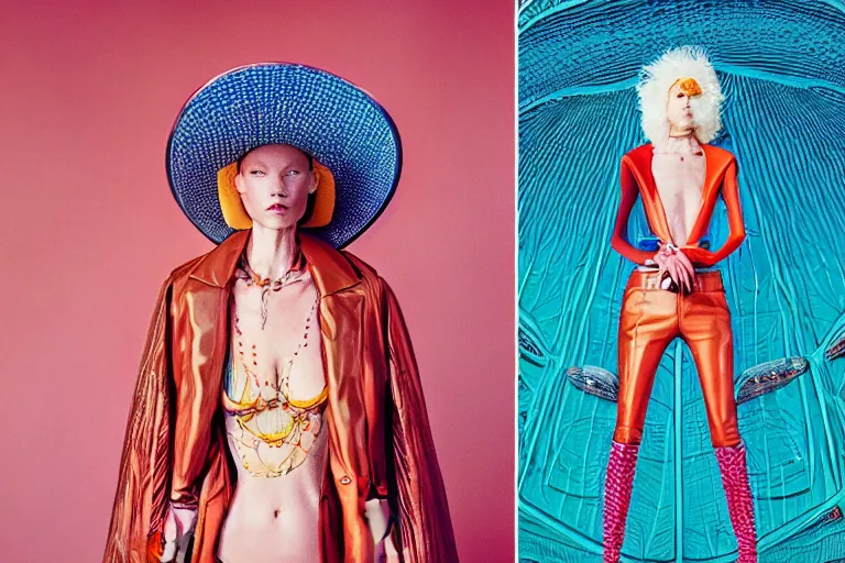 Image similar to fashion editorial photography in a world inspired by jean giraud moebius and geoff darrow photographed by julia hetta