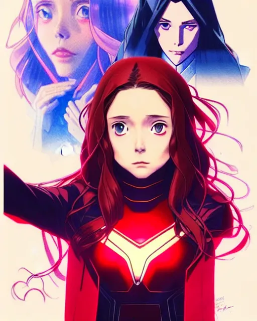 Image similar to Anime as Elizabeth Olsen playing Scarlet Witch || cute-fine-face, pretty face, realistic shaded Perfect face, fine details. Anime. realistic shaded lighting poster by Ilya Kuvshinov katsuhiro otomo ghost-in-the-shell, magali villeneuve, artgerm, Jeremy Lipkin and Michael Garmash and Rob Rey as Scarlet Witch in New York cute smile