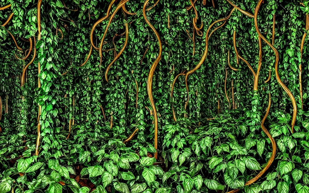 Image similar to Multiple layers of perspective Deep dark green jungle vines. metal foundry Clay sculpture by Magritte. Surreal sense of scale and depth. mind bending illusions of light and shadows by Magritte and Dali. Huge clay art installation in an abandoned metal foundry. red, gold, green, black.