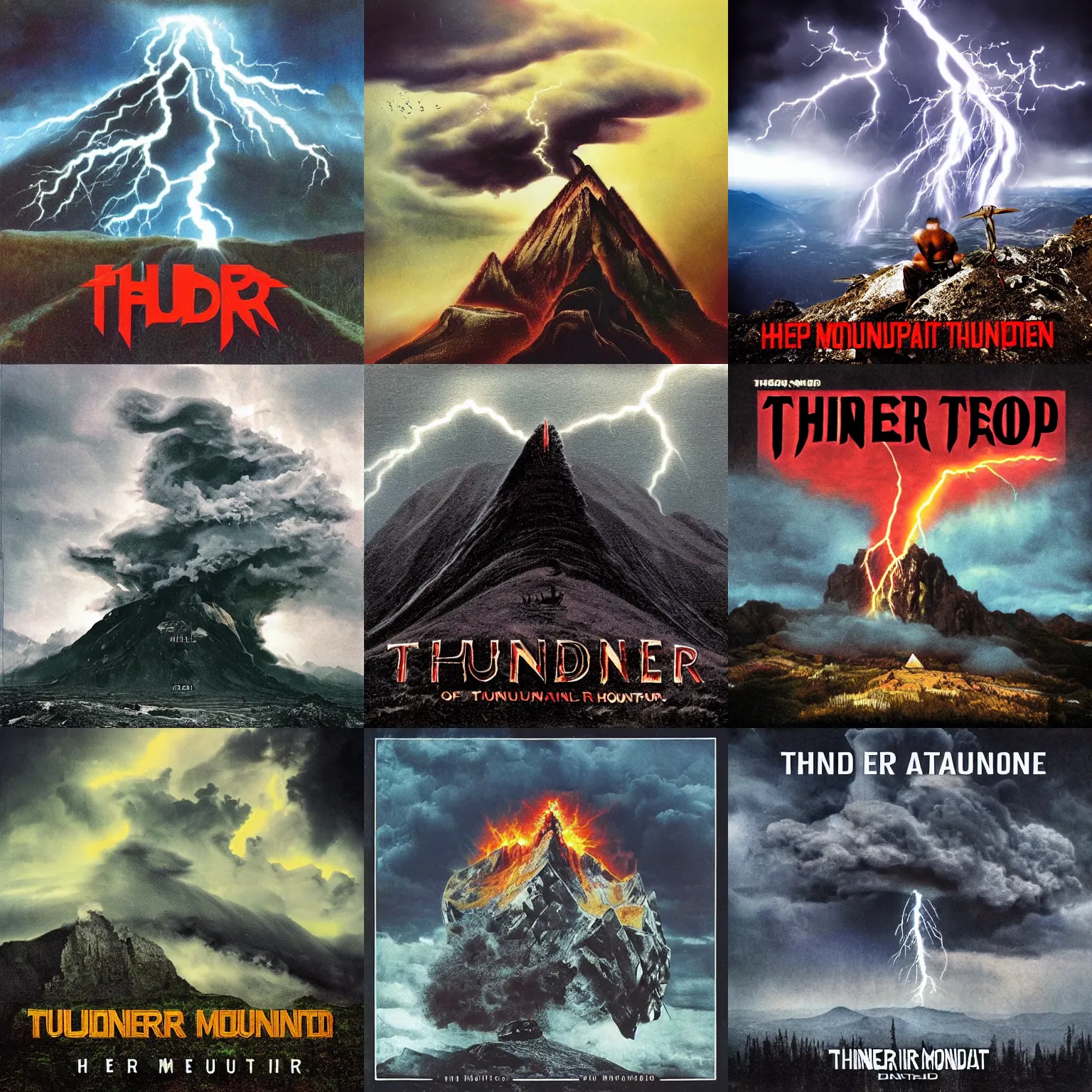 Prompt: thunder strikes the top of a mountain, heavy metal album cover