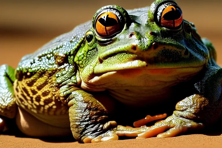 Image similar to a giant frog sitting with boxer mike tyson in the desert, mike tyson with a toad, mike tyson movie directed by martin scorsese and christopher nolan, masterpiece, 8 h