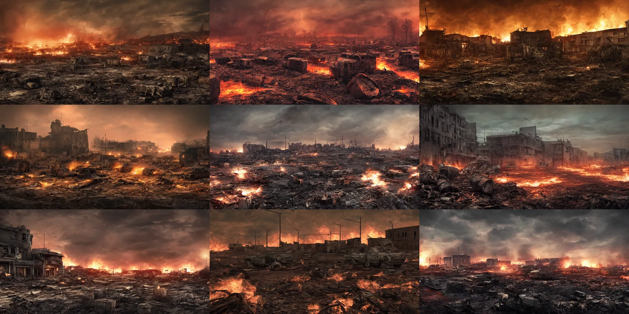 Prompt: an 8K photograph of an ominous decaying miltary wasteland at night with barrels of fire lighting, war-torn buildings, war-zone hyperrealism photorealistic photography hyper real resolution cinematic, Beautiful, Vray, Octane Render