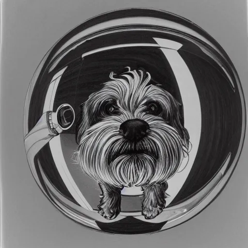 Image similar to self portrait of a havanese dog reflecting into a chrome sphere held by a dog's paw, pen on paper, by mc escher