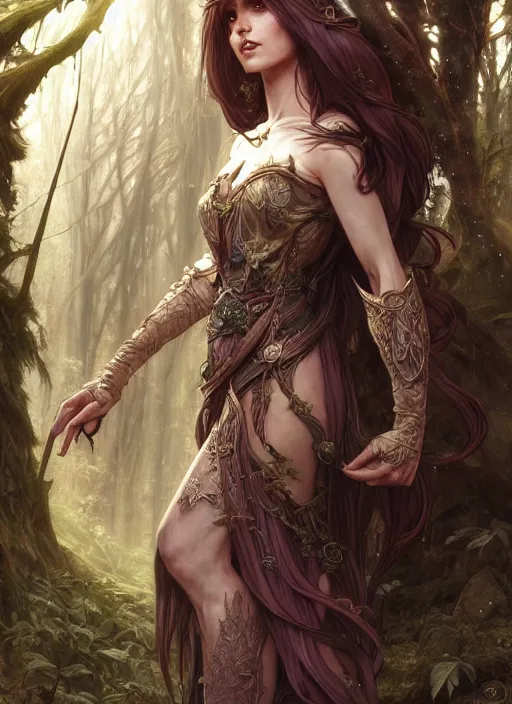 Prompt: full body of a fantasy elf female sorceress queen with long hair flowing in an ancient forest filled with magic, highly detailed, digital painting, artstation, smooth, sharp focus, illustration, art by artgerm and greg rutkowski and alphonse mucha, intricate dress, fine face