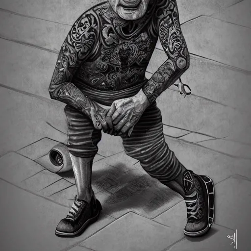 Prompt: old seniors retired people skateboarding with tattoos piercings digital art, 3 d high definition, trending on artstation, photorealistic, high resolution, 8 k, octane, hyper detailed, trending on deviantart insane details, intricate, elite, ornate, elegant trend, highly detailed and intricate, sharp focus, photography, unreal engine