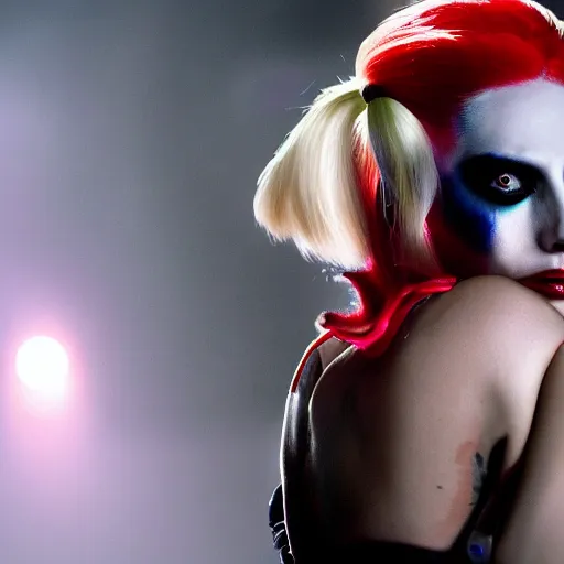 Prompt: Lady Gaga as real-life Harley Quinn, cinematic, Low angle, atmospheric fog and lighting, directed by Michael Bay, high detail, 8K, movie still n-9