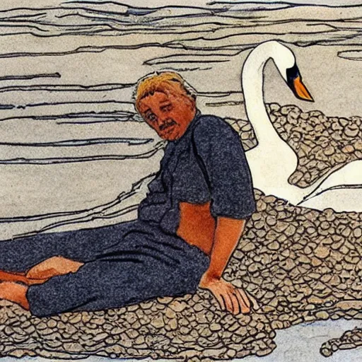 Image similar to man and swan sitting on a pile of ashes, drawing by Milo Manara, highly detailed, sensual colors