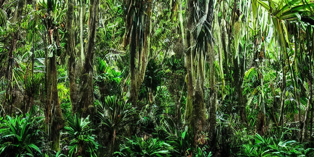 Image similar to great barrier island, new zealand with friendly tree demons watching. lush forest with nikau palms. photograph