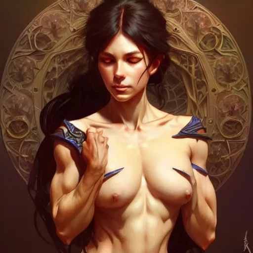 Image similar to cat , muscular upper body, D&D, fantasy, intricate, elegant, highly detailed, digital painting, artstation, concept art, smooth, sharp focus, illustration, art by artgerm and greg rutkowski and alphonse mucha