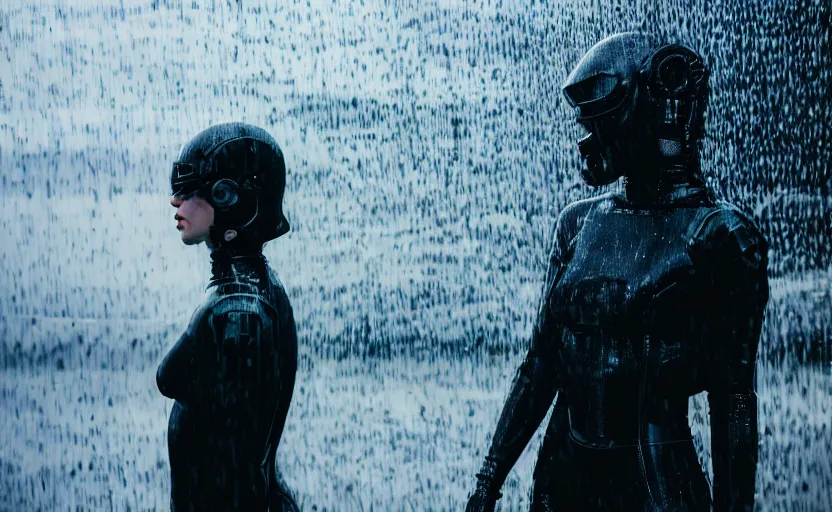 Image similar to cinestill 5 0 d candid action photographic portrait by christopher nolan of two loving female androids wearing rugged black mesh techwear in treacherous waters, extreme closeup, modern cyberpunk retrofuturism moody emotional cinematic, pouring iridescent rain, 8 k, hd, high resolution, 3 5 mm, f / 3 2, motion blur, ultra realistic faces, ex machina