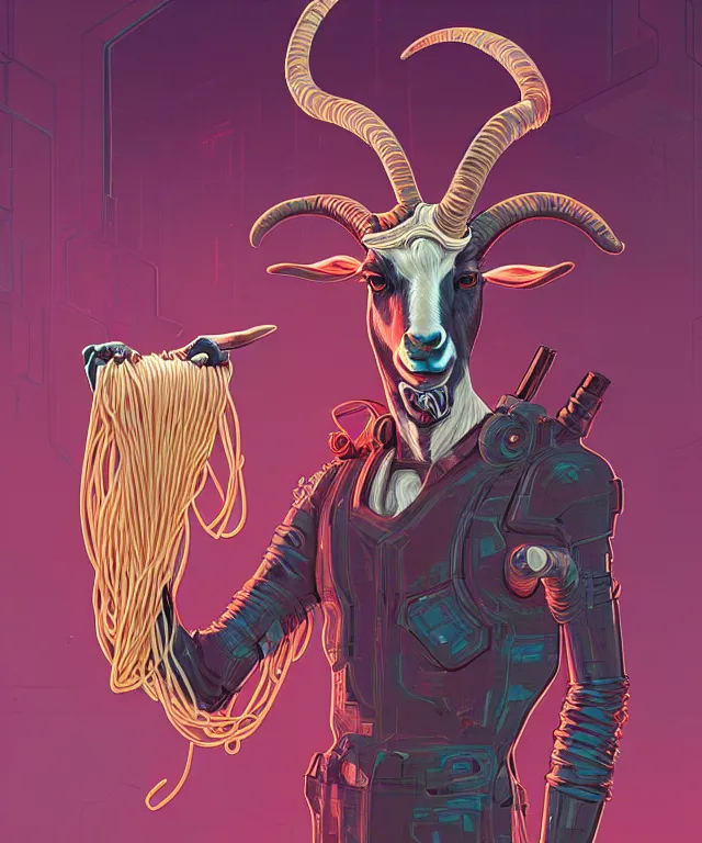 Prompt: a portrait of an anthropomorphic cyberpunk goat eating spaghetti, cyberpunk!, fantasy, elegant, digital painting, artstation, concept art, matte, sharp focus, illustration, art by josan gonzalez