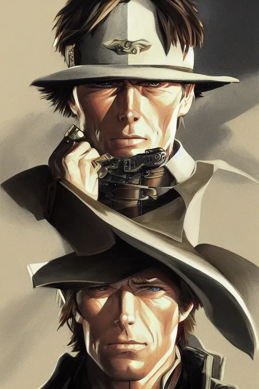 Image similar to young clint eastwood as full metal alchemist, portrait, western, duster, fantasy, intricate, elegant, highly detailed, digital painting, artstation, concept art, sharp focus, illustration, art by artgerm and greg rutkowski and alphonse mucha