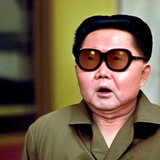 Image similar to movie still of Kim Jong-il wearing a white hockey mask in the role of Jason Voorhees from Friday the 13th, Cooke Varotal 20-100mm T3.1, 35mm film