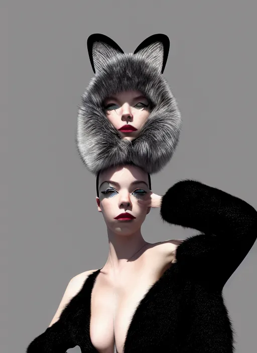 Prompt: full body environmental portrait photo of dressed catgirl anya taylor - joy, cat ears made from fur, glamour shot by gemmy woud - binnendijk, chris knight, photorealistic, canon r 3, fashion photography, elegant, luxury and elite, symmetry, octane render, unreal engine, solid dark grey background, dramatic lights, high fashion journal cover