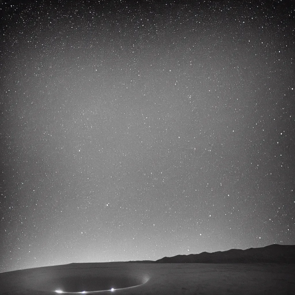 Prompt: a circular crater filled with water reflecting the Milky Way Galaxy at night, Death Valley, 35mm, sci-fi cinematic movie still