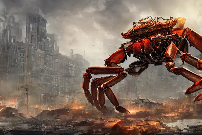 Image similar to giant mechanical crab destroying buildings on a city, digital painting, mixed media, trending on artstation and deviantart, epic composition, highly detailed, 8 k