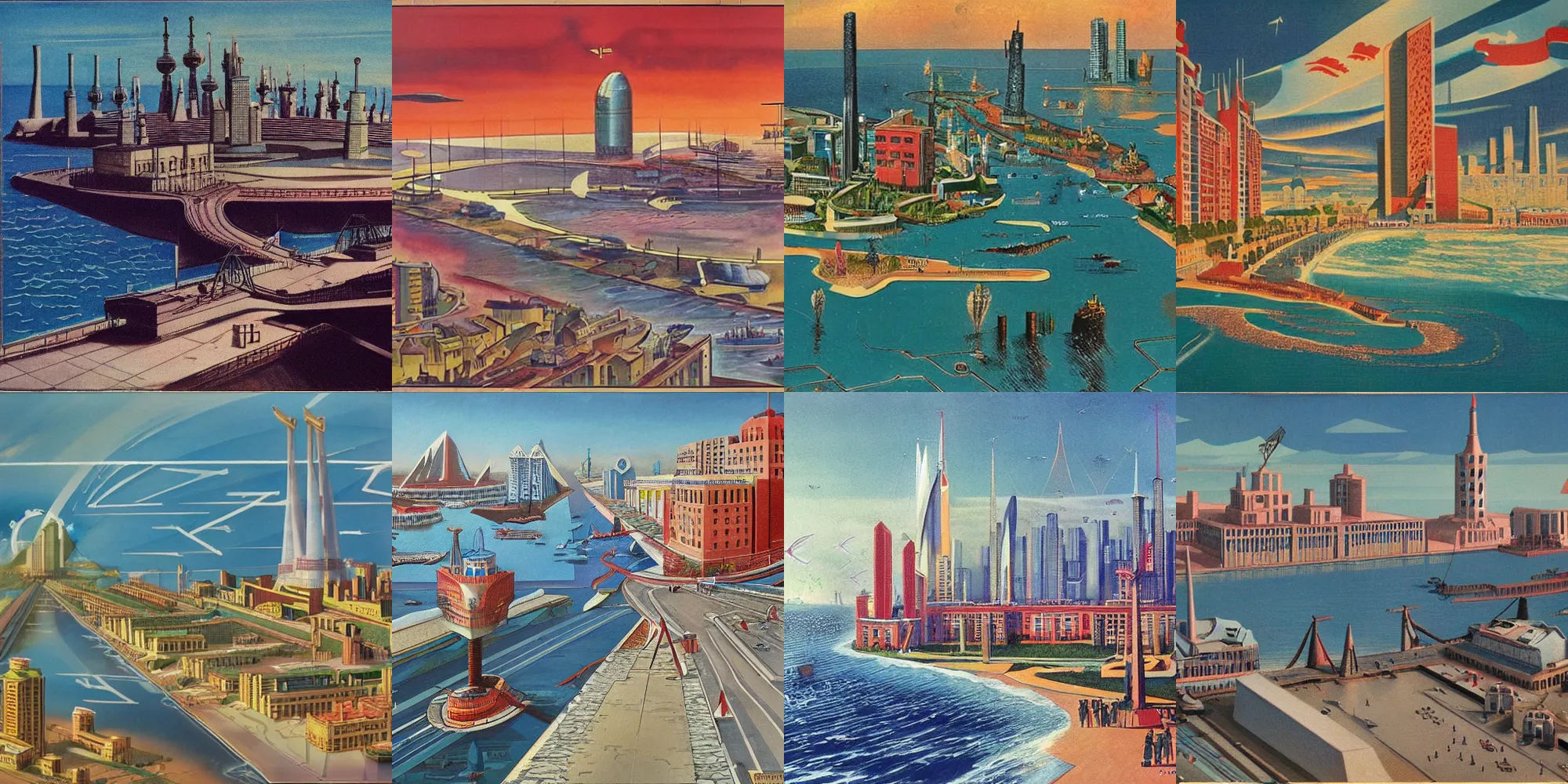 Prompt: the city of the future by the sea in the style of soviet realism