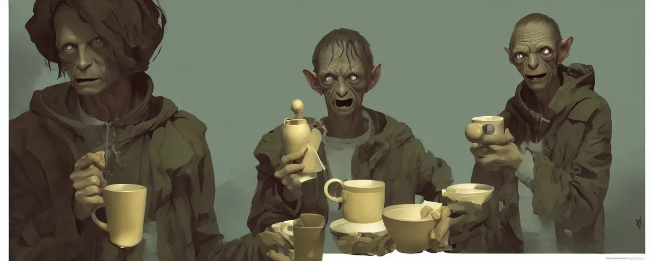 Image similar to duotone olive illustration 3 / 4 portrait of gollum drinking cup of coffee symmetrical composition accidental renaissance golden ratio. by sachin teng and sergey kolesov and ruan jia and heng z. graffiti art, scifi, fantasy, hyper detailed. octane render. concept art. trending on artstation