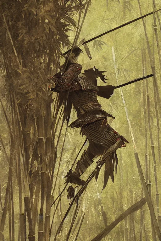 Image similar to close up of samurai warrior in a bamboo forest, by greg rutkowski, intricate details, highly detailed