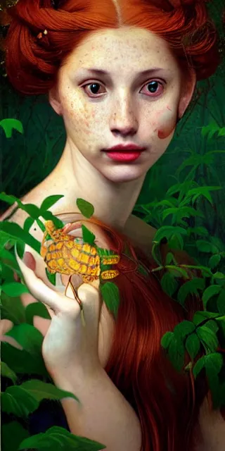 Image similar to infp young woman, smiling amazed, golden fireflies lights, full covering intricate detailed dress, amidst nature, long red hair, accurate linework, green eyes, small nose with freckles, oval shape face, realistic, expressive emotions, dramatic lights, hyper realistic ultrafine art by artemisia gentileschi, caravaggio, jessica rossier, boris vallejo