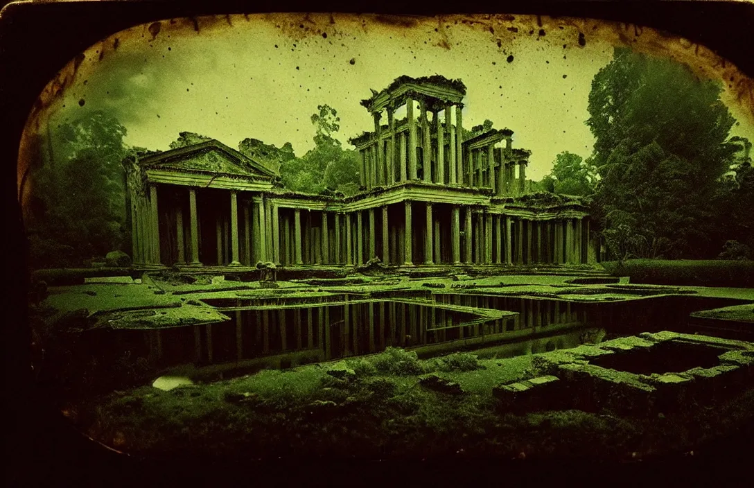 Prompt: rebirth of classical culture intact flawless ambrotype from 4 k criterion collection remastered cinematography gory horror film, ominous lighting, evil theme wow photo realistic postprocessing water garden forgotten ruins painting by claude gellee