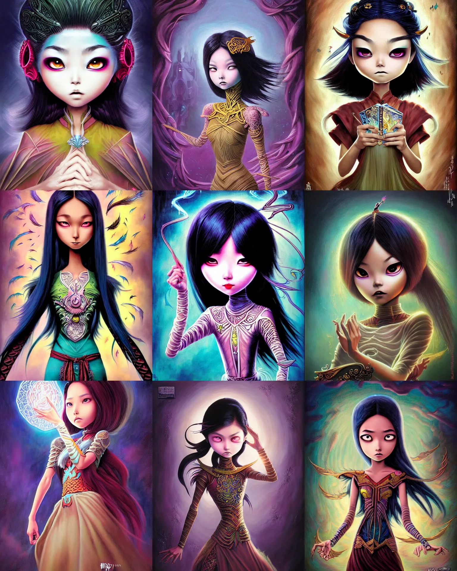 Prompt: an epic fantasy comic book style painting of a young malaysian woman, flying magician, lace, expressive, pastel palette, dark piercing eyes, tan skin, beautiful futuristic hair style, awesome pose, character design by mark ryden pixar hayao miyazaki, ue 5