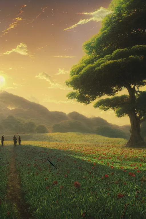 Prompt: a sour cherry field by david a hardy, noriyoshi ohrai, gary ruddell, ( greg rutkowski ), salvador dali, moebius, makoto shinkai, highly detailed, cinematic composition, trending on artstation