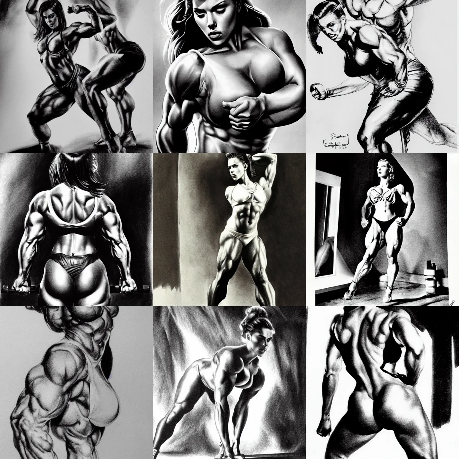 Prompt: scarlett johansson as body builder, frank frazetta, black and white, most muscular pose, pencil and ink, dramatic lighting, full body profile