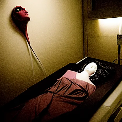 Image similar to beautifully ominous creepy sleep paralysis beside sleeping woman in hospital room. designed by silent hill 3, resident evil, david cronenberg, yasushi nirasawa, hiroya oku, junji ito,