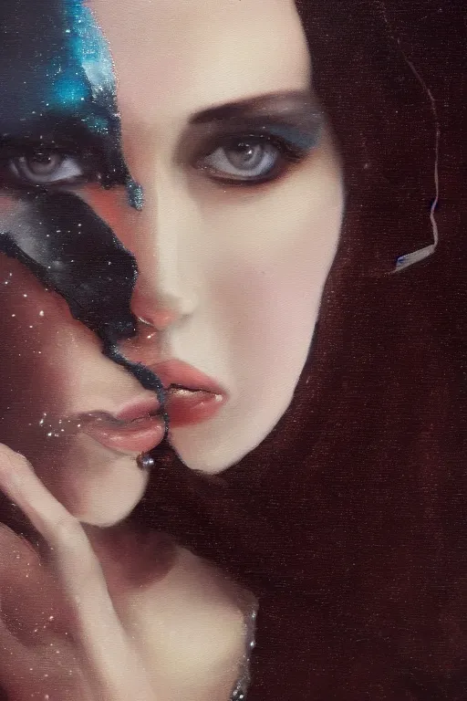 Image similar to hyperrealism oil painting, close - up portrait of isabelle adjani medieval brunette vampire fashion model, knight, steel gradient mixed with nebula sky, in style of baroque