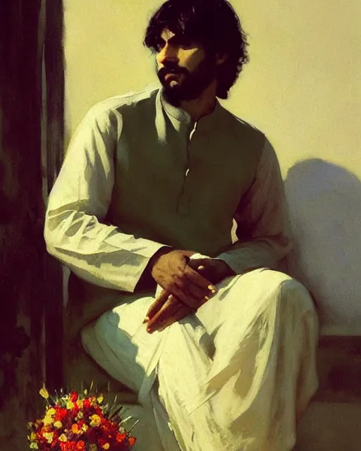 Prompt: a guy in a kurta waiting for his love to come, holding flowers, art by greg rutkowski, gustave courbet, rosa bonheur, edward hopper. faithfully depicted facial expression, perfect anatomy, sharp focus, global illumination, radiant light, detailed and intricate environment, trending on artstation