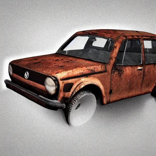 Image similar to Lowpoly isometric render of a rusty overgrown Volkswagen Golf, postapocalyptic, white background