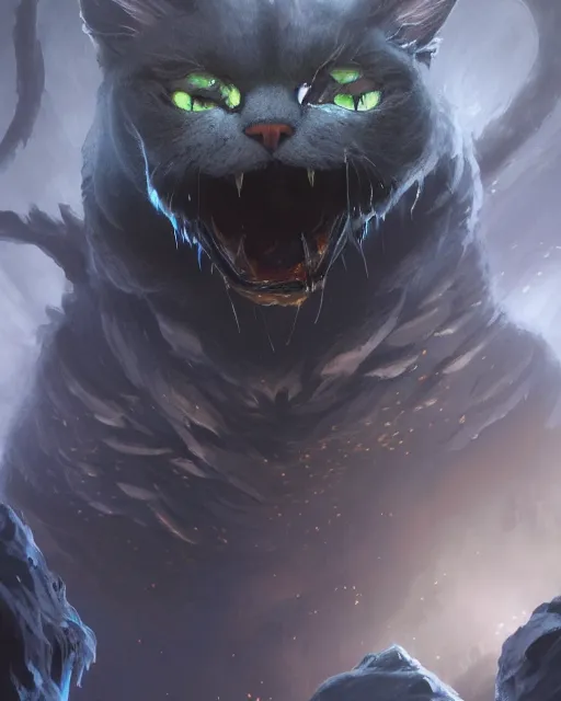 Image similar to Cat/Fog Elemental, glowing eyes, magic the gathering artwork, D&D, fantasy, cinematic lighting, centered, symmetrical, highly detailed, digital painting, artstation, concept art, smooth, sharp focus, illustration, volumetric lighting, epic Composition, 8k, art by Akihiko Yoshida and Greg Rutkowski and Craig Mullins, oil painting, cgsociety