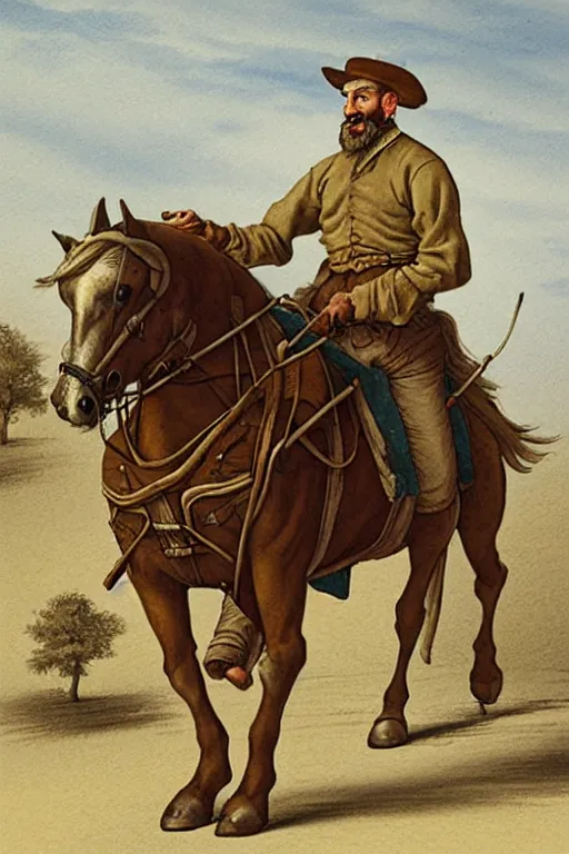 Image similar to a man riding a horse with wheels wagon!!!!!!!!!!!!!! by chris mcgrath and greg rutowski, muted colors, detailed