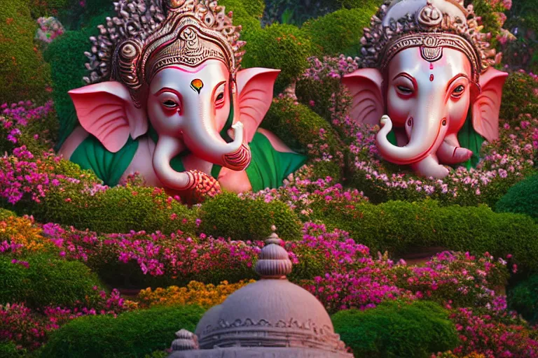 Image similar to beautiful dreamy! biomorphic new delhi, ganesha!! building, kalighat flowers, octane highly detailed cinematic, stephen shore & john j. park, soft morning light, wide shot, aerial shot, uhd 8 k, shallow depth of field