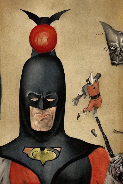Image similar to Batman painted by Hieronymous Bosch