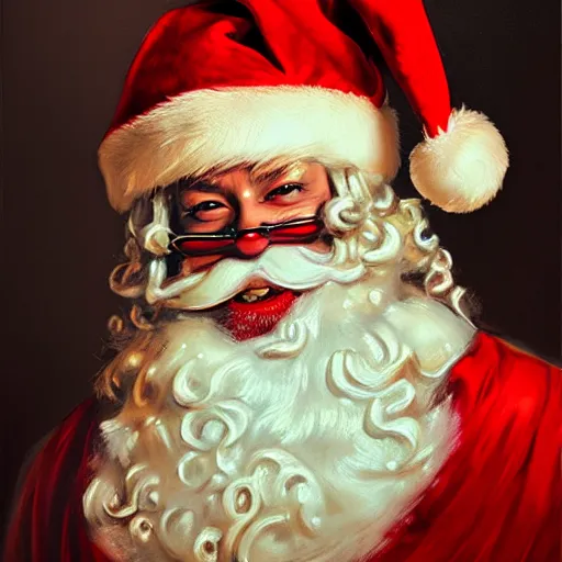 Prompt: expressive oil painting of santa in red cloth, seductive look, smirking, smooth glowing skin, glistening body, love, adoration, sweat, tattoos, ornate headpiece made from beads, glamour shot, by yoshitaka amano, by greg rutkowski, digital art, octane render, artstation, grunge aesthetic