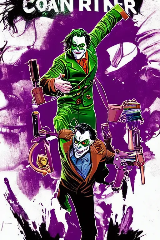 Prompt: joaquin phoenix joker comic book cover issues 2 0, justify content center, delete duplicate object content!, violet polsangi pop art, gta chinatown wars art style, bioshock infinite art style, incrinate, realistic anatomy, hyperrealistic, 2 color, white frame, content balance proportion