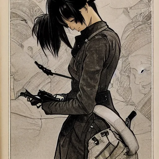 Image similar to manga style, black and white, thin line art, portrait of a girl, shoulder eyes, trench and sandbags in background, soldier clothing, military gear, short hair, hair down, symmetrical facial features, round face, paper sketch, detailed drawing, by darrow geof, alphonse mucha, greg rutkowski, satoru sao