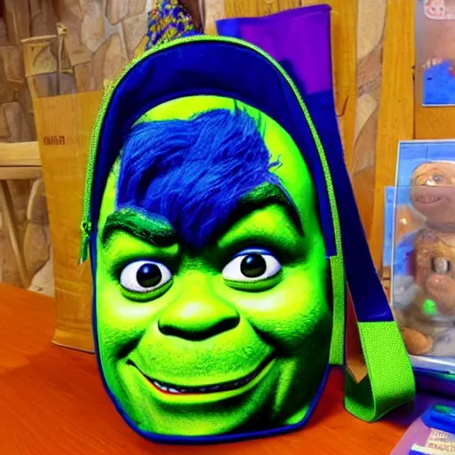 Image similar to a children's bag inspired and themed by shrek's design, a bag in the shape of shrek, high quality product, product design, sherek head design as a bottle,