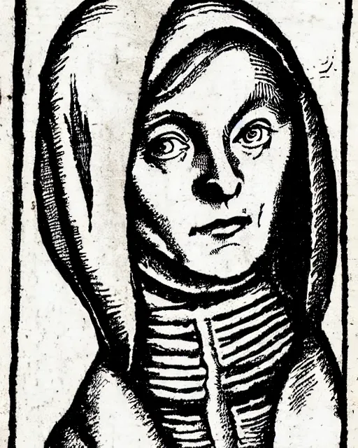 Prompt: b & w woodcut illustration of dana scully from the nuremberg chronicle, 1 4 9 3, restored, hq scan, london museum archives