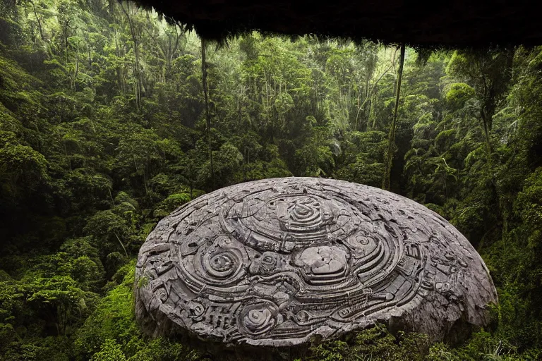 Image similar to photograph of a gigantic paleolothic sphere made of stone with highly detailed carvings of intricate shamanic robotic electronics and circuits, in a rain forest, inside a valley overlooking the amazon, by michal karcz, amazonian vista